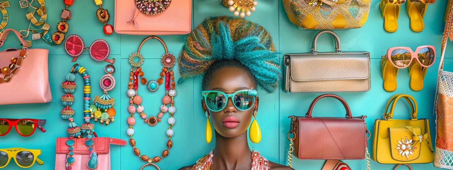 a vibrant display of statement jewelry, elegant handbags, chic shoes, stylish sunglasses, and innovative hair accessories elegantly arranged against a soft, luminous background, capturing the essence of current fashion trends.