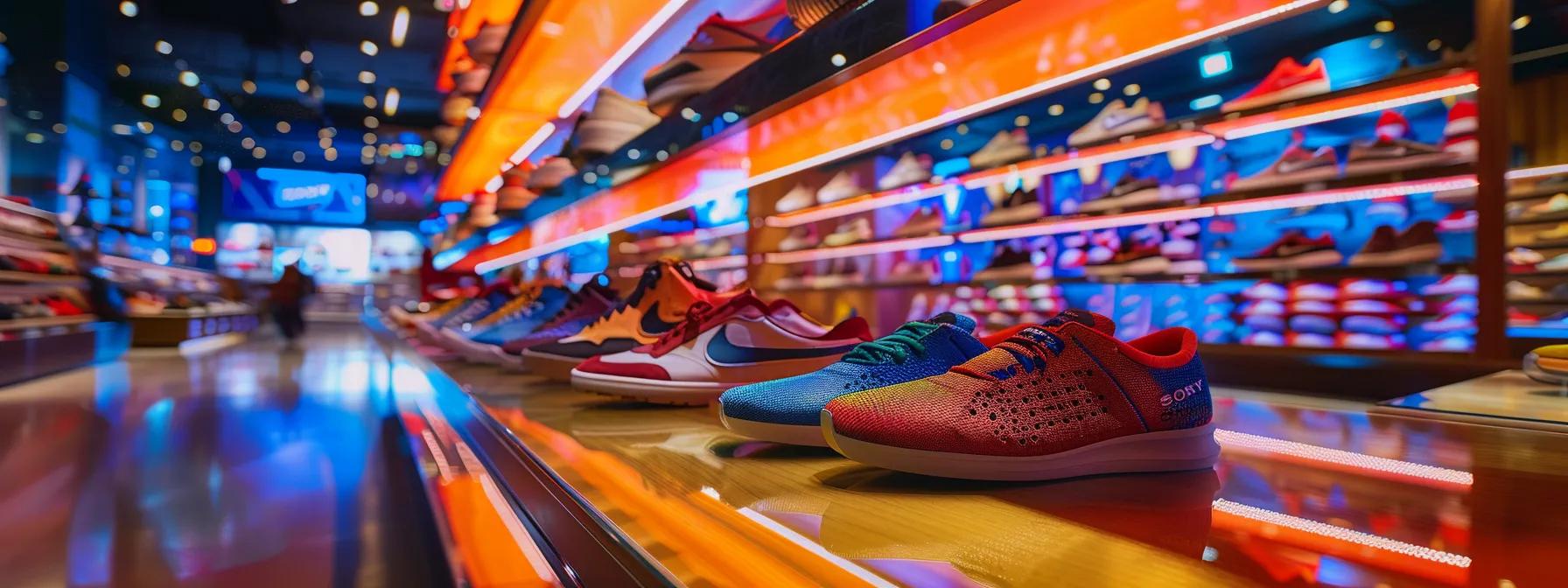 a vibrant display of stylish tommy hilfiger shoes arranged artfully on a gleaming retail surface, illuminated by soft, natural lighting, inviting consumers to discover unbeatable deals and exclusive styles.