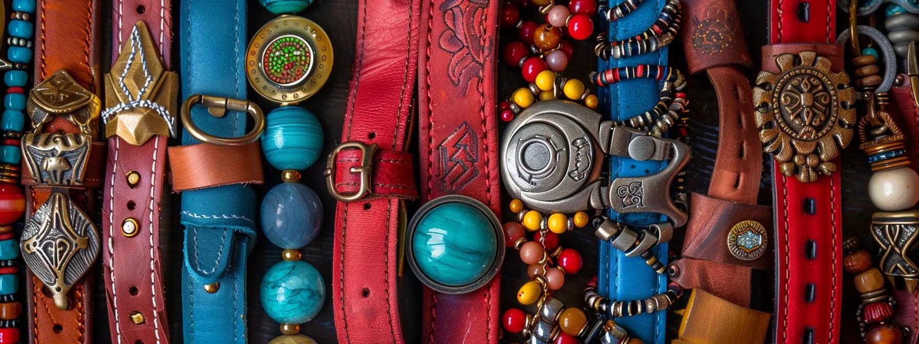 a vibrant display of unique fashion accessories, featuring bespoke leather belts with intricate buckles and colorful custom bead jewelry that embody individual style and personal expression, illuminated by soft, natural lighting to enhance their distinctive details.