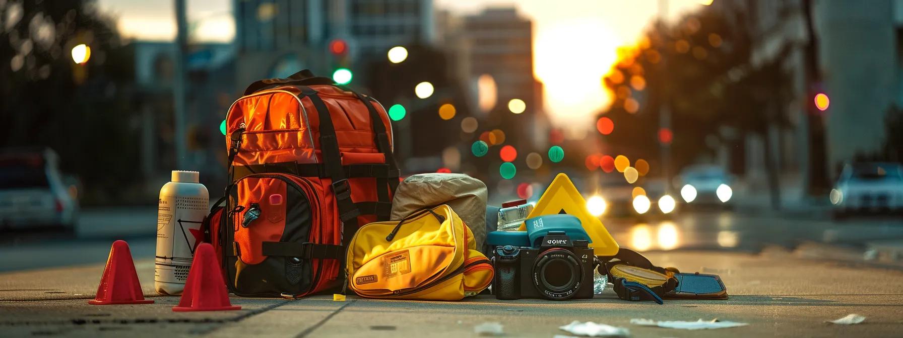 a vibrant scene showcases an organized emergency road kit, complete with a robust first aid kit, safety triangles, and reflective vests, set against a backdrop of a dimly lit roadside, emphasizing the importance of preparedness for vehicle emergencies.