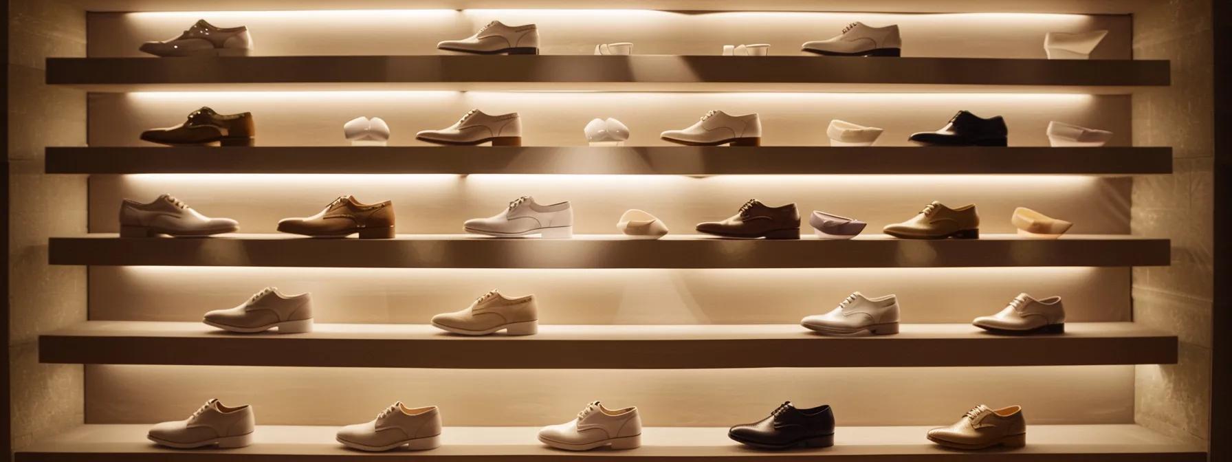 an elegantly arranged display of pristine armani shoes on a soft, neutral background, illuminated by soft, diffused lighting that highlights their luxurious textures and craftsmanship.