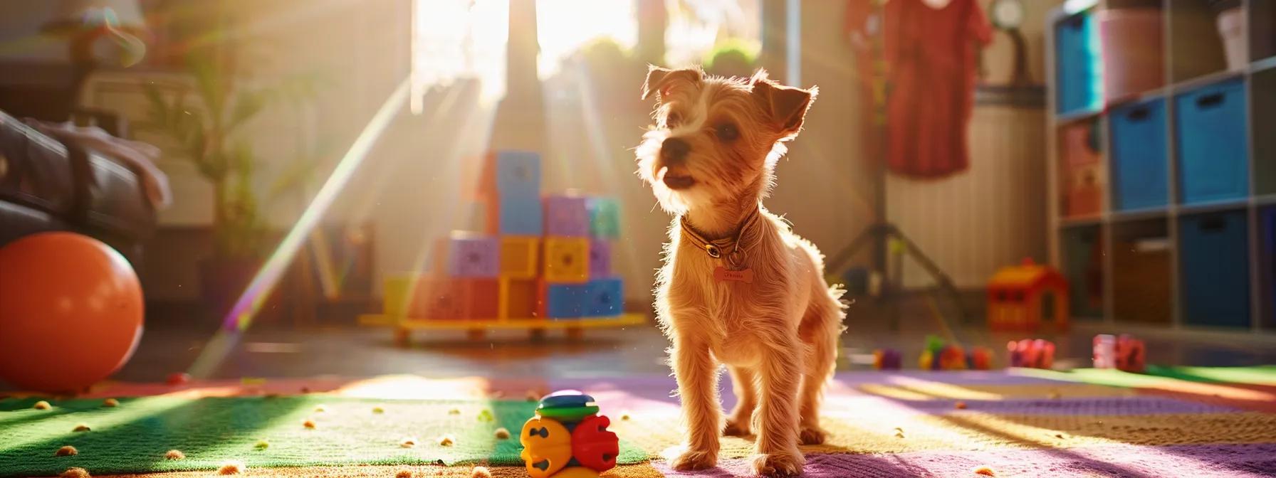 a joyful dog enthusiastically engages with a vibrant, interactive toy in a sunlit room, surrounded by colorful climbing structures and puzzle toys that promote a playful atmosphere.