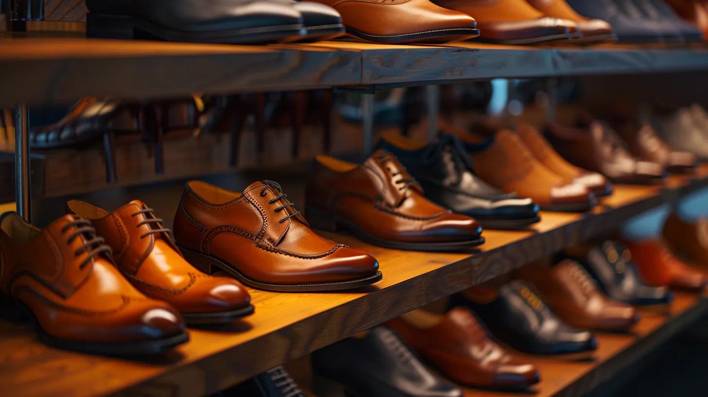 a luxurious display of designer footwear neatly arranged on a polished wooden shelf, highlighting diverse materials and colors under soft, diffused lighting that emphasizes the meticulous care and maintenance techniques used to preserve their elegance.