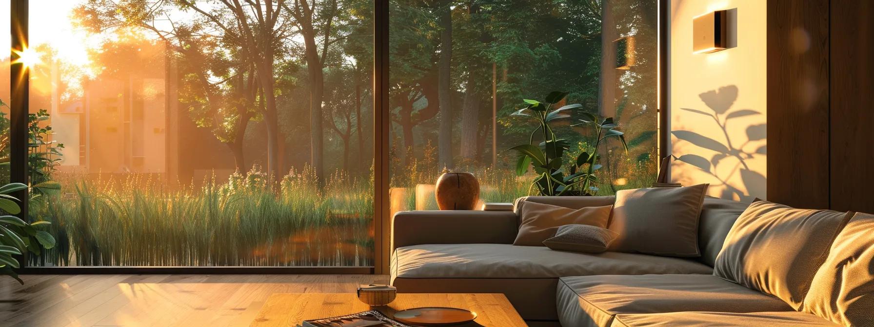 a modern living room bathed in warm sunlight, featuring a sleek smart thermostat on the wall, with a cozy couch, and large windows showcasing a vibrant green landscape outside, symbolizing energy efficiency and comfort.