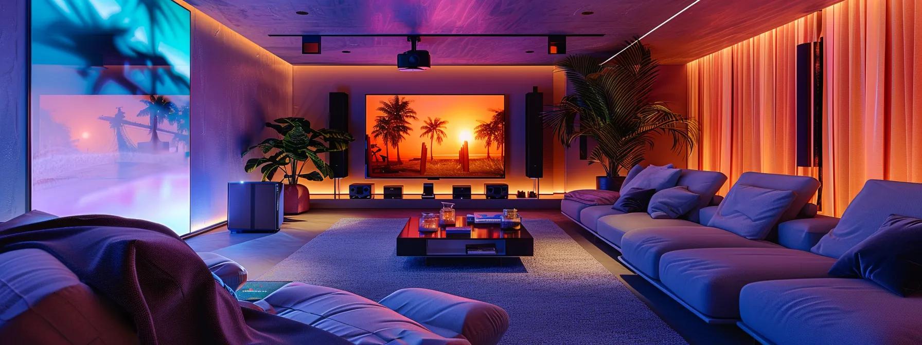 a modern living room is illuminated by soft ambient lighting, showcasing an advanced smart entertainment system with sleek smart speakers, a large vibrant smart tv displaying a captivating movie, and an interactive smart display featuring family-friendly games, all creating a perfect atmosphere for ultimate enjoyment.