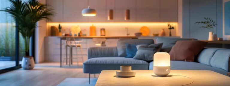 a sleek and modern smart home interior, bathed in soft natural light, showcases cutting-edge technology seamlessly integrated into a cozy living space with minimalist furnishings and smart devices illuminating the room.