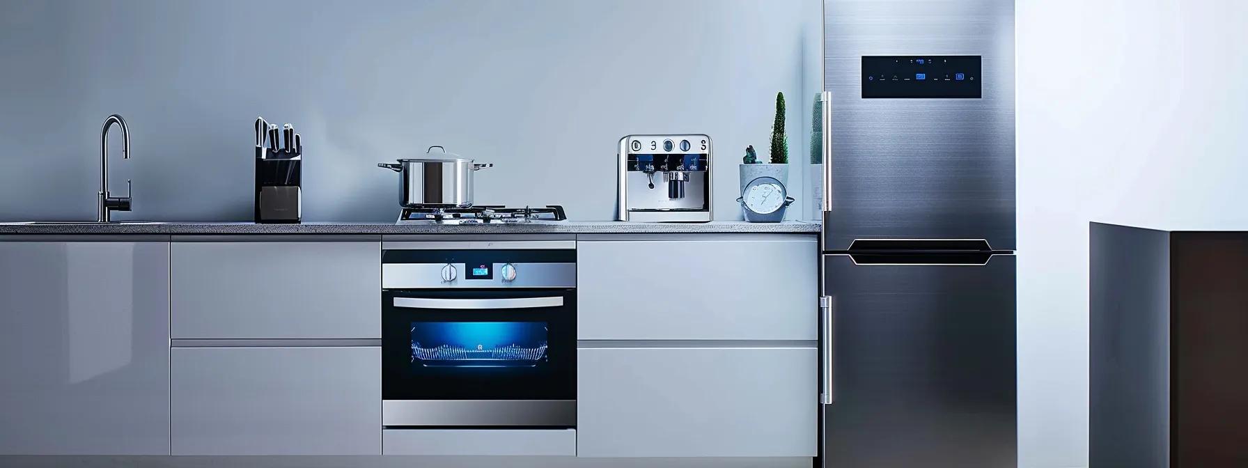 a sleek, modern kitchen showcasing high-tech smart appliances like a gleaming refrigerator, an innovative oven, and an efficient dishwasher, all seamlessly integrated into a bright, minimalist design that highlights the future of cooking convenience.