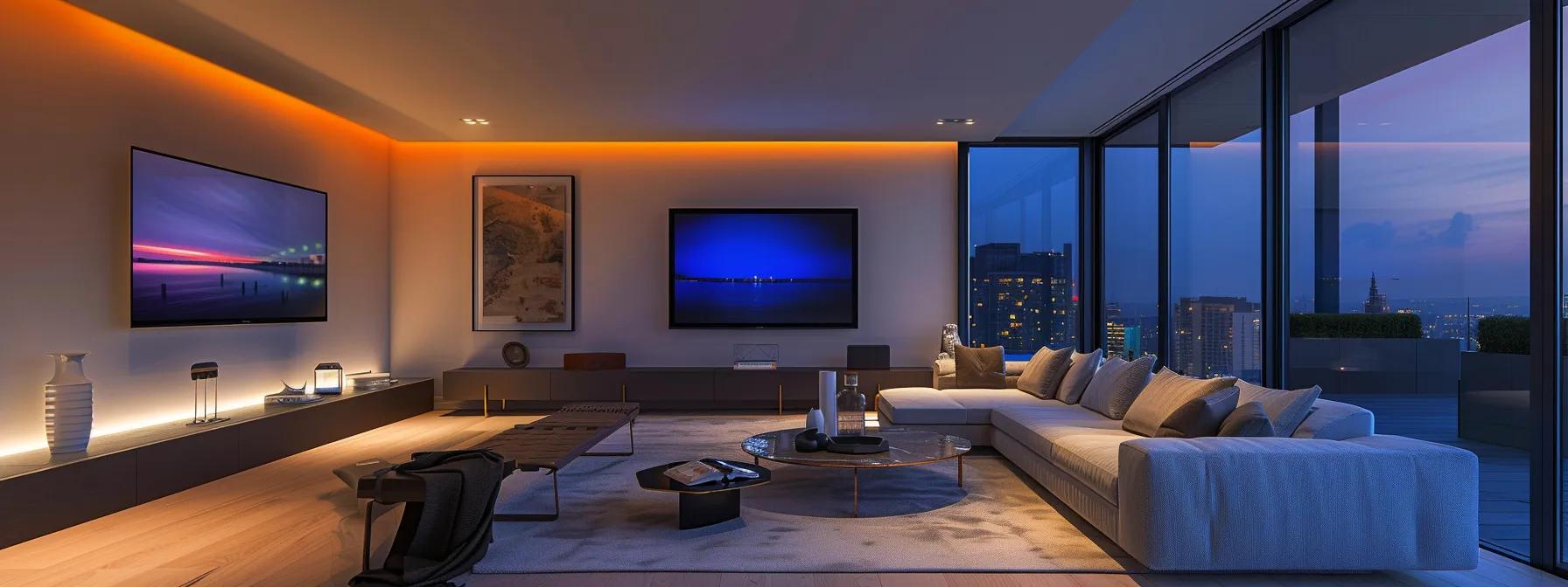 a sleek, modern living room illuminated by soft ambient lighting showcases a stylish smart hub on a minimalist console, seamlessly controlling vibrant smart lighting and security features, embodying the essence of effortless home automation.