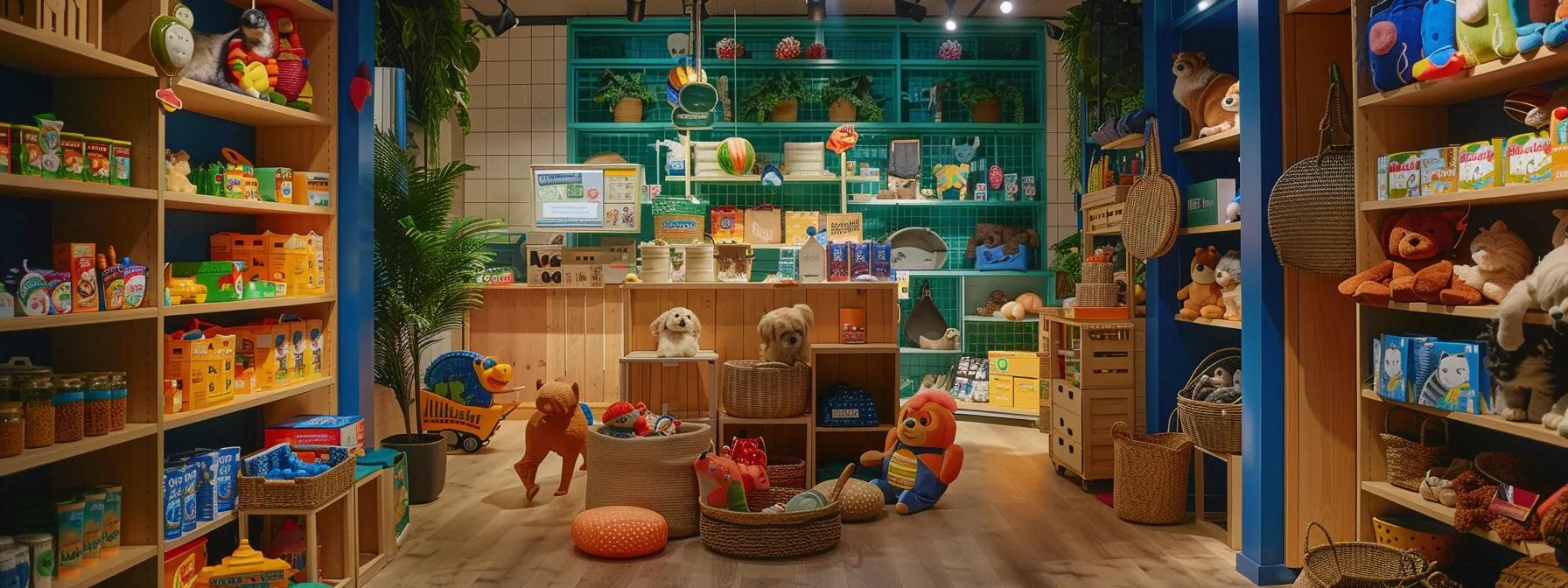 a vibrant and inviting scene showcases an array of popular pet care supplies and interactive toys, surrounded by playful pets exploring their new treasures in a well-lit, cheerful setting.