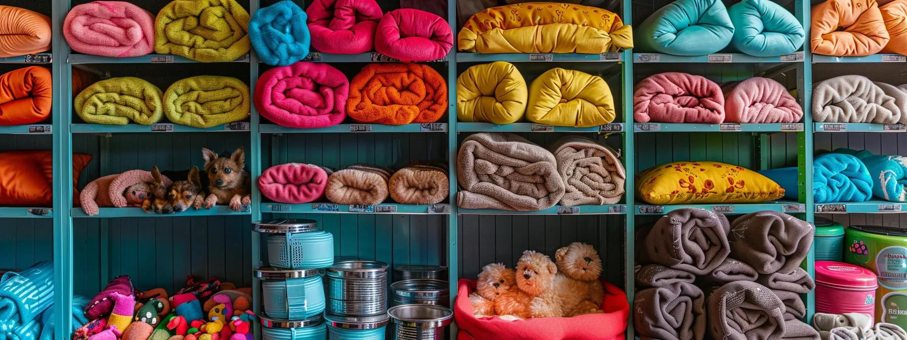 a vibrant array of colorful and neatly organized pet care supplies, including plush toys, shiny bowls, and cozy beds, is showcased under soft, natural lighting that highlights their textures and colors.