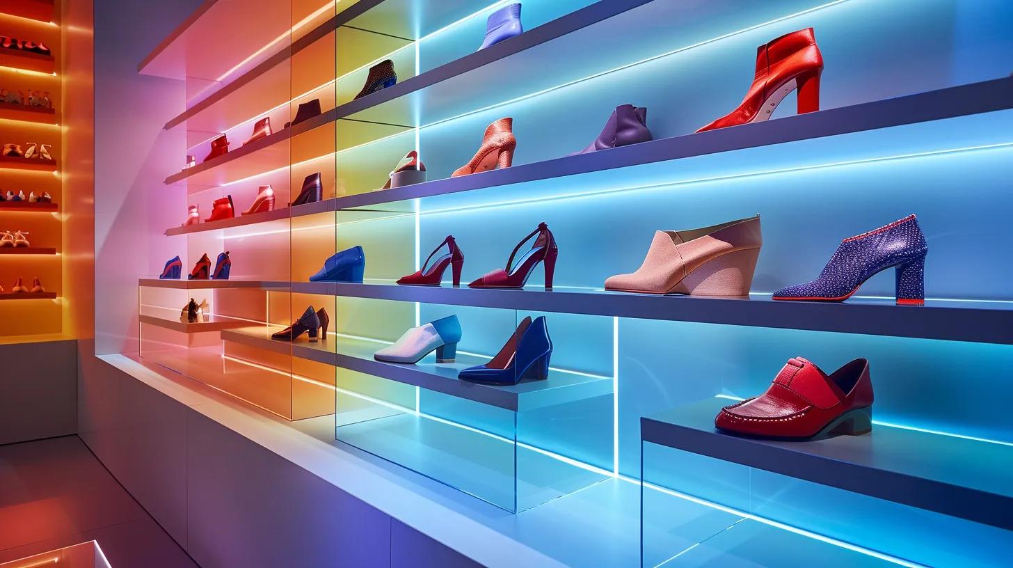 a vibrant display of the latest designer footwear collections radiates elegance and innovation against a sleek, minimalist backdrop, capturing the essence of contemporary fashion.