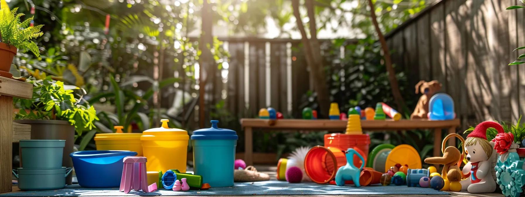 a vibrant pet care scene showcases an array of colorful toys and natural grooming supplies elegantly arranged on a sunny garden patio, embodying a holistic approach to pet wellness.