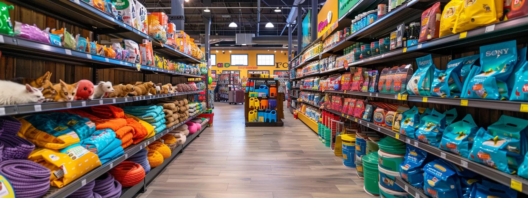 a vibrant pet supply store showcases a diverse array of colorful toys and essential supplies, inviting pet owners to explore quality options while highlighting the importance of safety and budget-conscious choices.