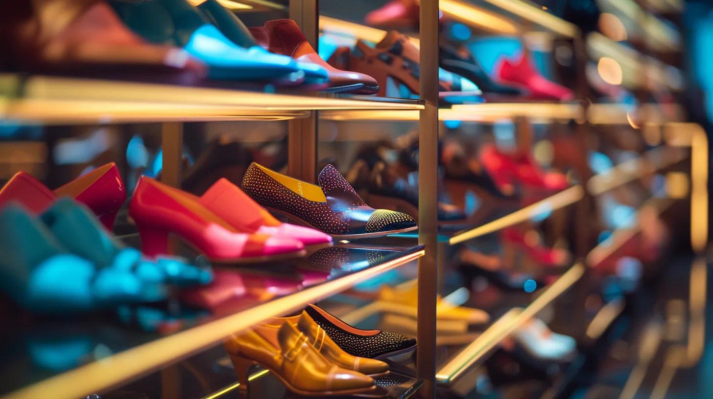 a vibrant showcase of diverse designer footwear styles arranged artfully on a polished display, highlighting their unique textures and bold colors under soft, ambient lighting for a striking visual impact.