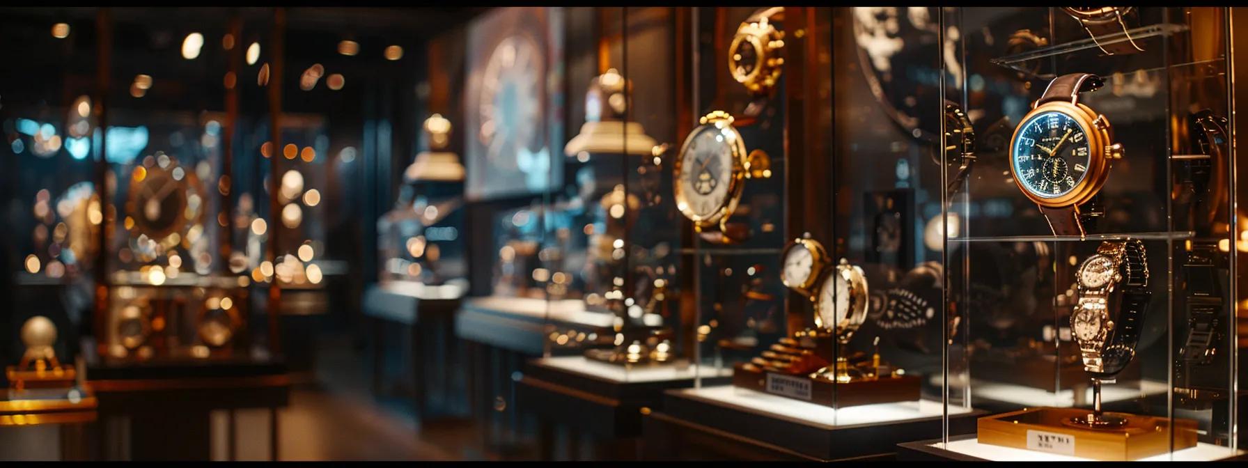 an exquisite display showcases a diverse collection of watches, featuring sleek modern designs alongside vintage gems, illuminated by soft, warm lighting to highlight their intricate details and unique glass finishes.