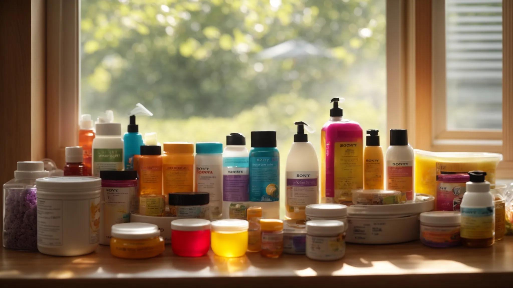 a vibrant display of essential pet care supplies, including colorful grooming tools, nutritious pet vitamins, and health products, arranged thoughtfully on a wooden table, illuminated by soft natural light streaming through a nearby window.