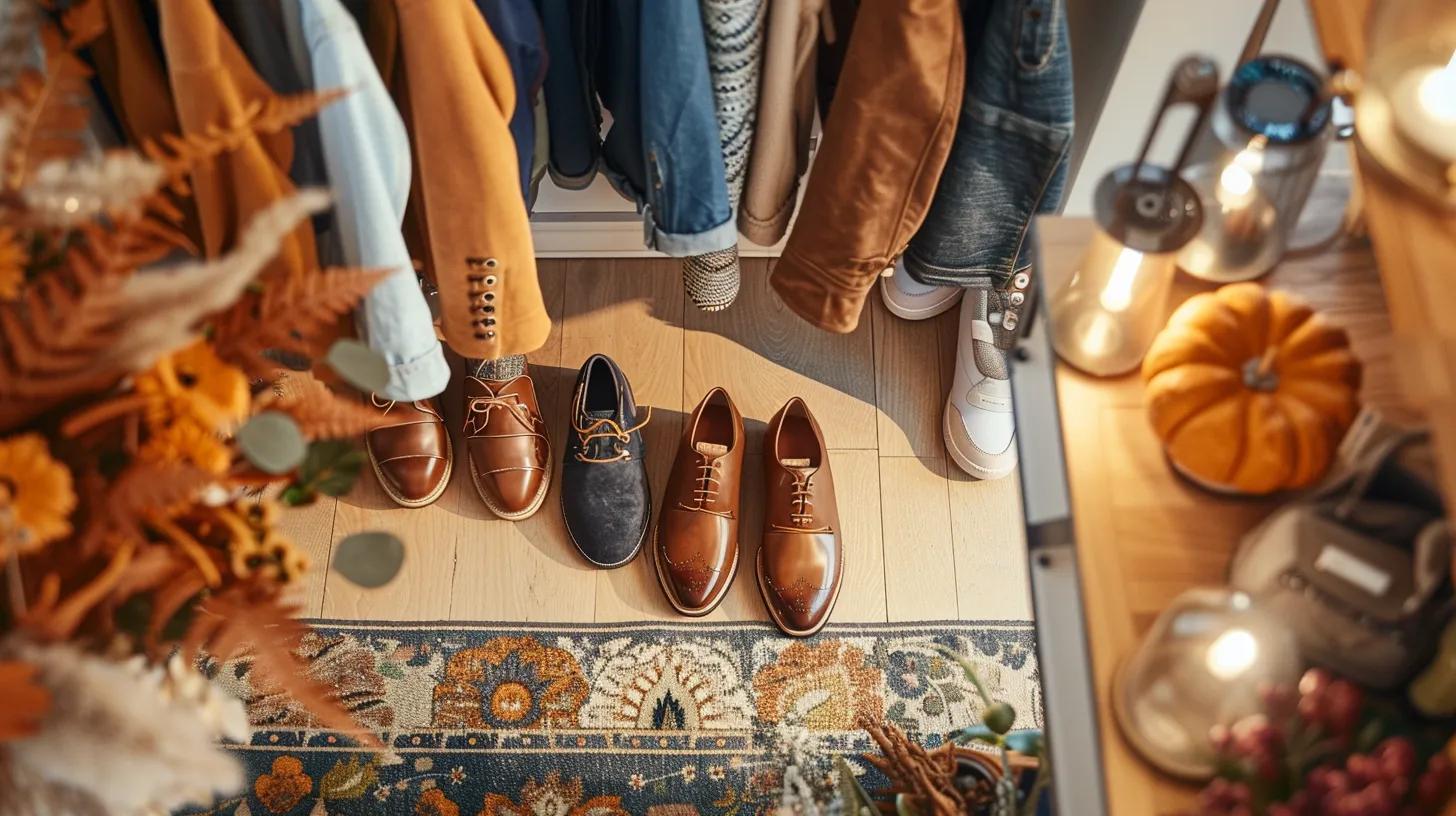 a vibrant seasonal display featuring an array of stylish footwear elegantly arranged beside coordinated autumn outfits, bathed in soft, natural lighting that highlights rich color palettes and textures.